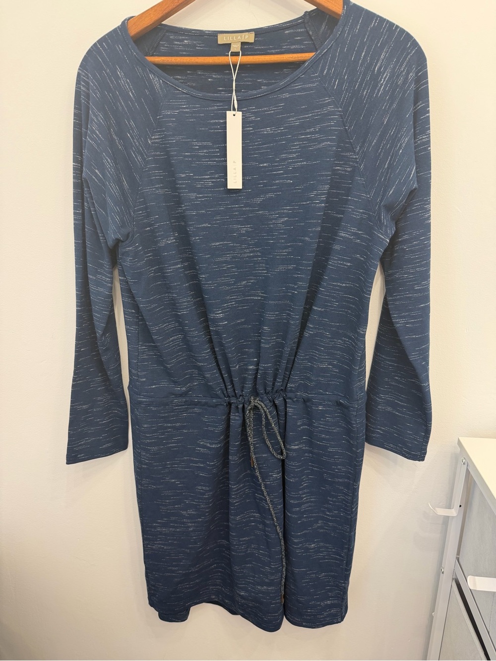 Lilla P Navy Heather Long-Sleeve Drawstring Waist Dress